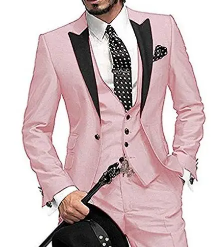 

2021 Formal Dinner Morning Style Pink Groom Tuxedo Wedding Party Suit Peaked Lapel Groomsmen Suit Bridegroom (Jacket+Pants+Vest)