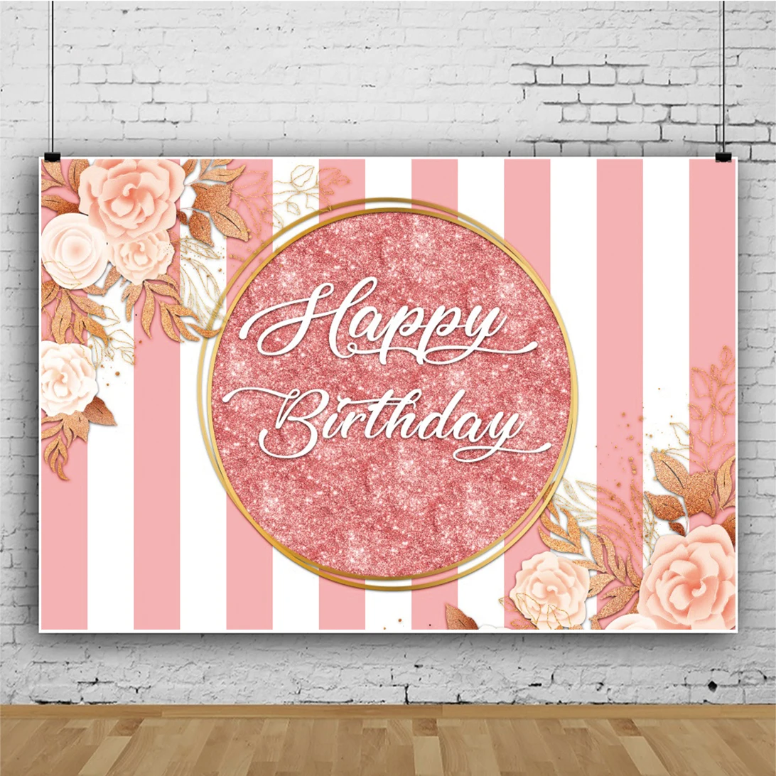 

Laeacco Pink White Stripe Flowers Happy Birthday Photography Backdrop Pink Glitters Shiny Photocall Background For Photo Studio