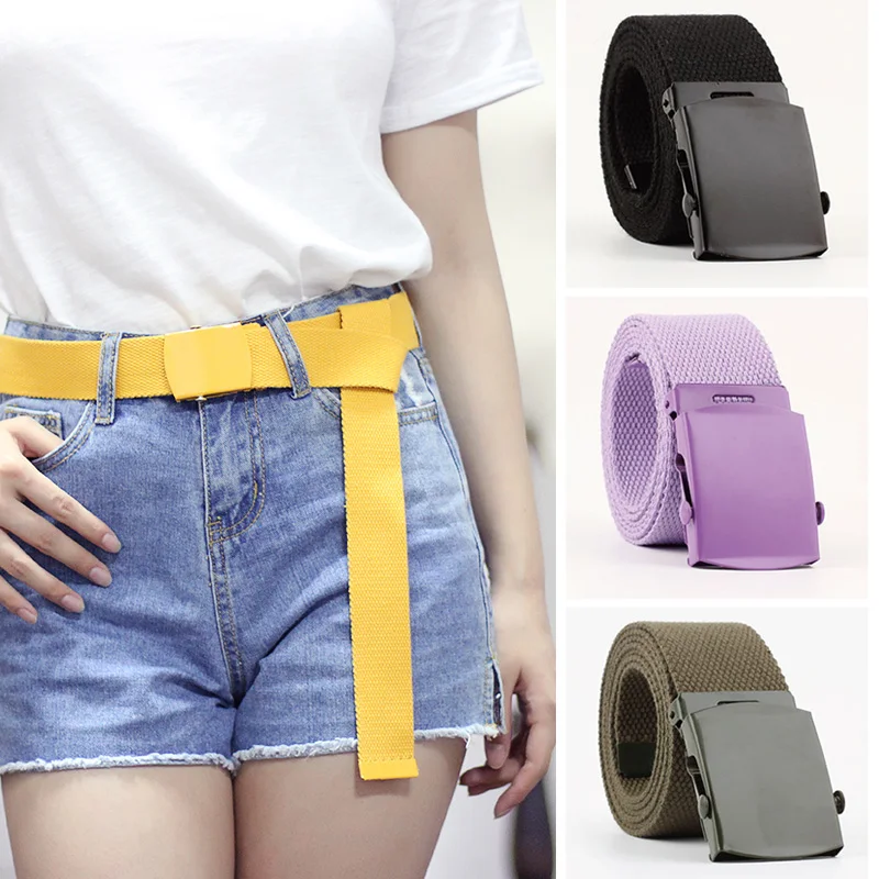 

Women Nylon Belt Automatic Fashion Canvas Belt Buckle Fans Candy Colour Belt Thicken Long Cloth Belts Knitted Children Waistband