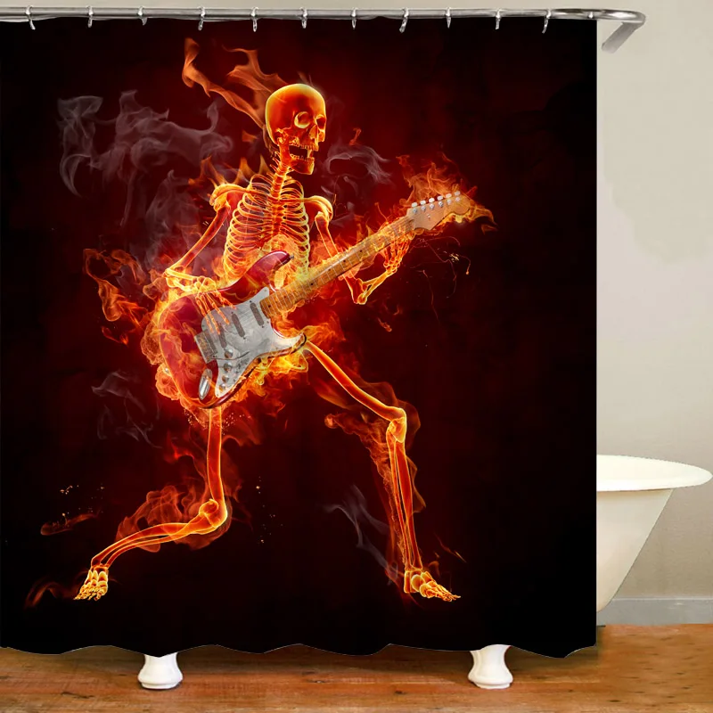 Funny Halloween Flame Skull Skeleton Playing Guitar Shower Curtain Bathroom Curtain Set Burning Skull Bath Rug Carpet Home Decor