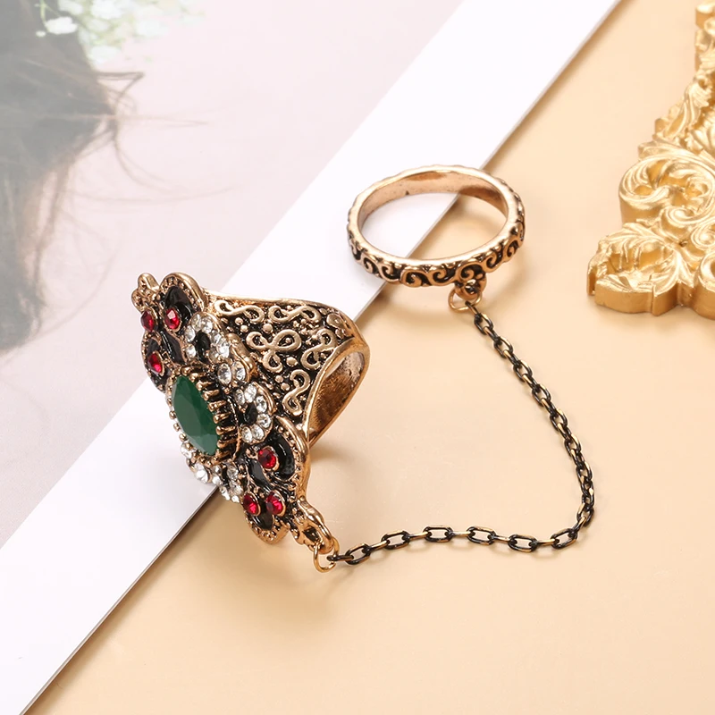 Wbmqda Luxury Boho Big Ring Sets for Women Antique Gold Color Green Stone Crystal Ring Ethnic Bridal Wedding Jewelry Wholesale