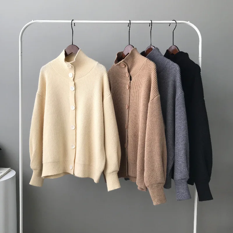 Hirsionsan Turtle Neck Autumn Winter Cardigan Sweaters Women Cashmere Single-breasted Soft Loose Solid Female Knited Jumper