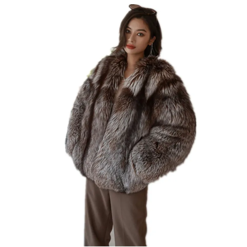 Women Real Silver Fox Fur Jacket Full Pelt Fashion Girls Luxury Winter Thick Warm Coat Clothing