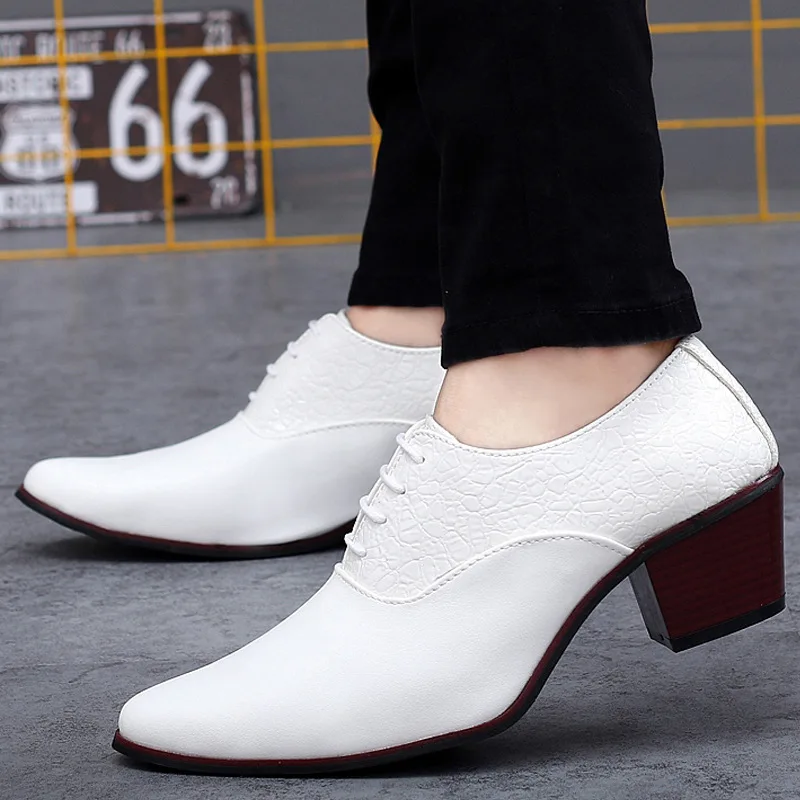 Classic High Heel Men Shoes Leather Mens Wedding Groom Shoes Luxury Fashion Designer Men Oxfords Black White Formal Dress Party