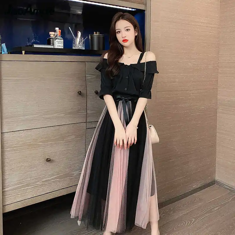 Women Summer Clothing Suit Fashion Slash Neck Black Shirt Skirts Set Korean Sweet Girls Flare Sleeve Layers Mesh Bow-Knot Dress