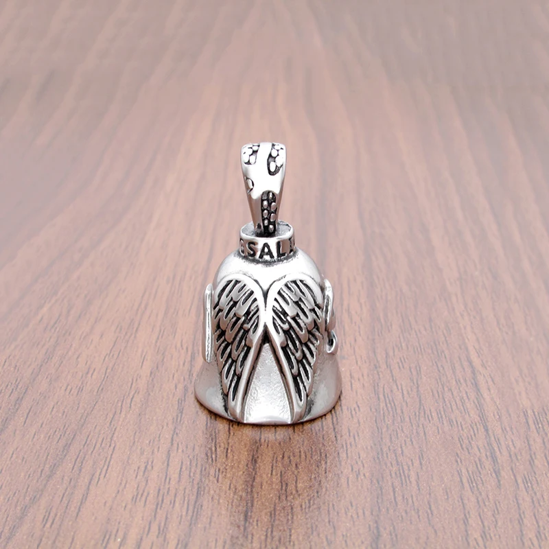 Punk 316L Stainless Steel Silver Color Black Letter Feather Rider Wings Biker Bell Pendant Jewelry For Gift