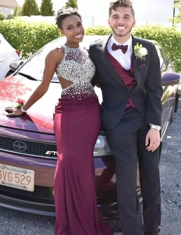 Burgundy Sparkly Beaded Long Evening Party Dresses Sexy African Backless Prom Formal Gowns 2022 Vestidos Robe De Soirée