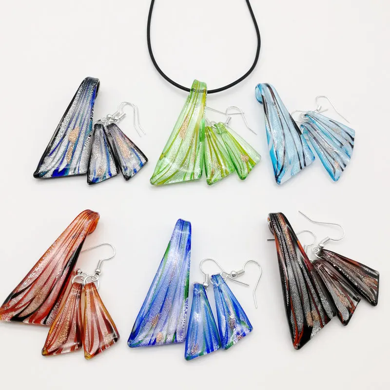 1 Set Fashion Blue Knife Shape Mix Colors Murano Lampwork Glass Pendant Necklace Earring For Women Chinese Style Jewelry Gift