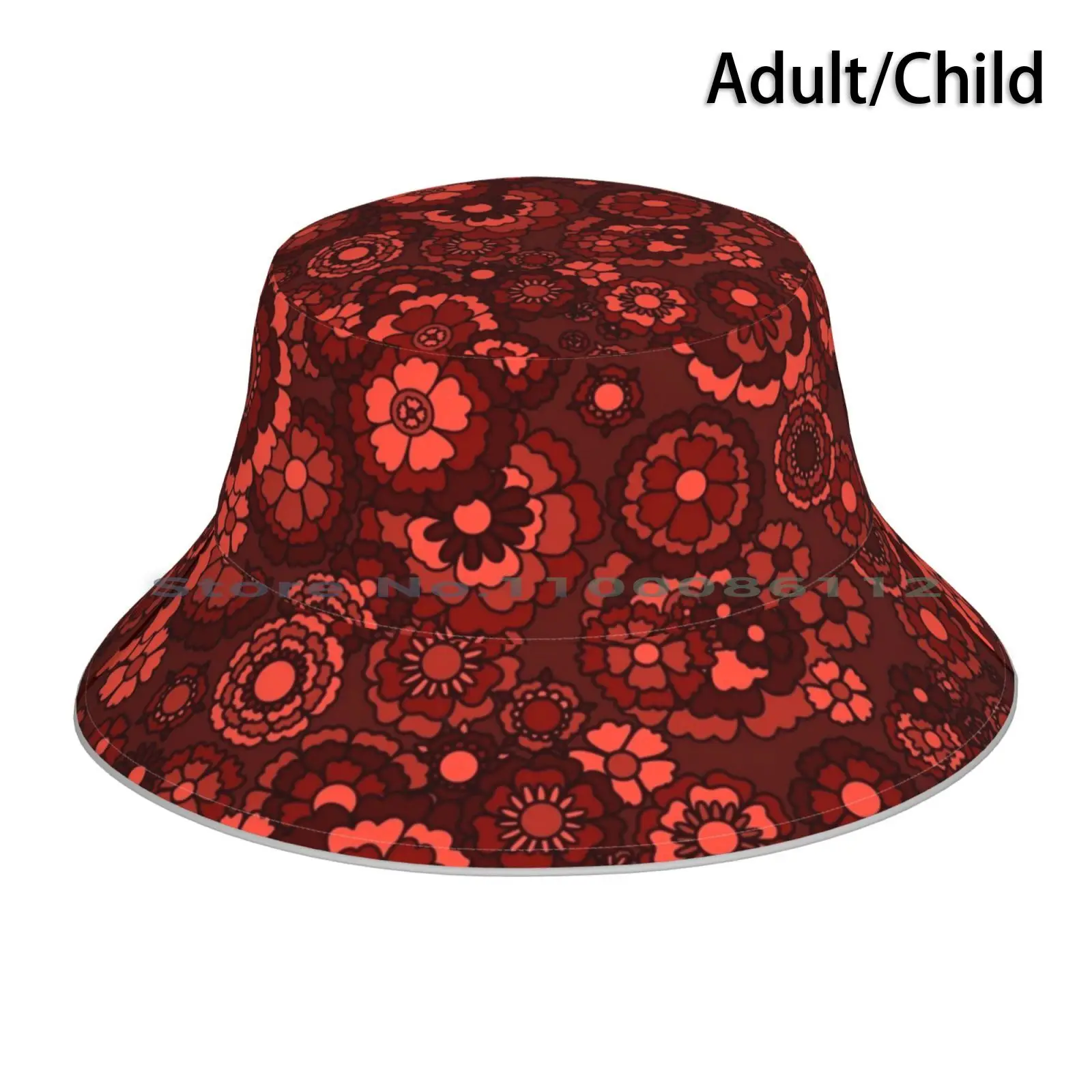 Dreamy Floral In Red Bucket Hat Sun Cap Retro Hippie Groovy 1960s 1970s Foldable Outdoor Fisherman Hat