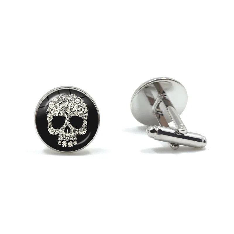 Vintage Skeleton Men Cufflinks Round Glass White Skull Design Cuff links Wedding Gift Shirt Suit Fashion Jewelry Accessories