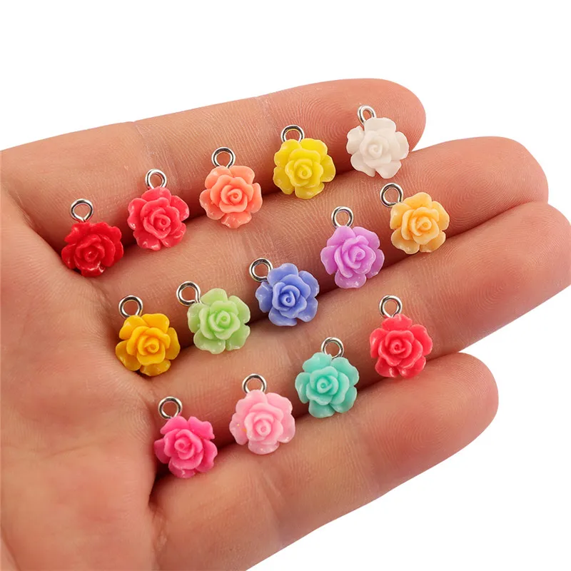 50pcs/lot Mixed Color Resin Rose Flower Charms Pendants DIY Bracelet Keychain For Jewelry Making Accessories Gift