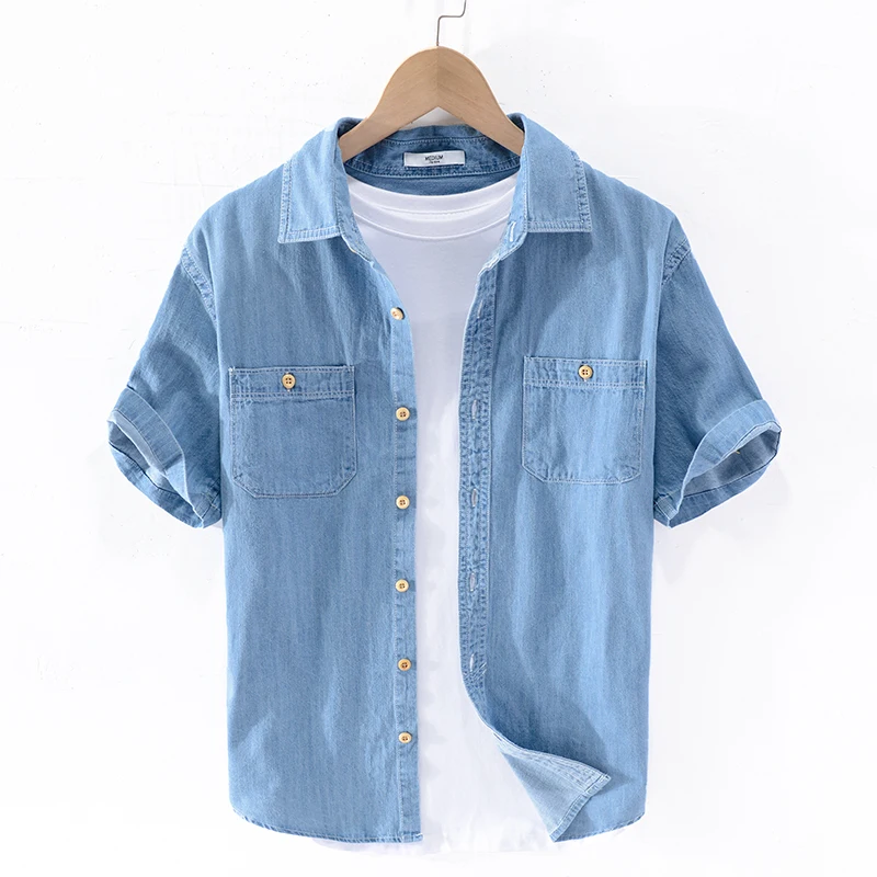 Camisa vaquera de manga corta para hombre, camisa informal de marca, cómoda, color azul, 100% algodón, a la moda, para verano