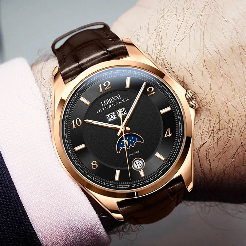LOBINNI الأعمال الميكانيكية ساعة رجالي موضة التلقائي رجل الساعات جلد طبيعي تاريخ الأسبوع القمر المرحلة عرض ساعة الذكور