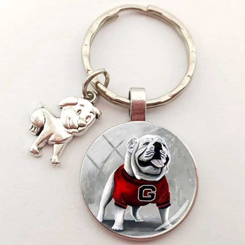 Fashion Bulldog Keychain English Bulldog Keychain Charm Round Handmade Craft Glass Dome Keychain Ladies Bag Keyring