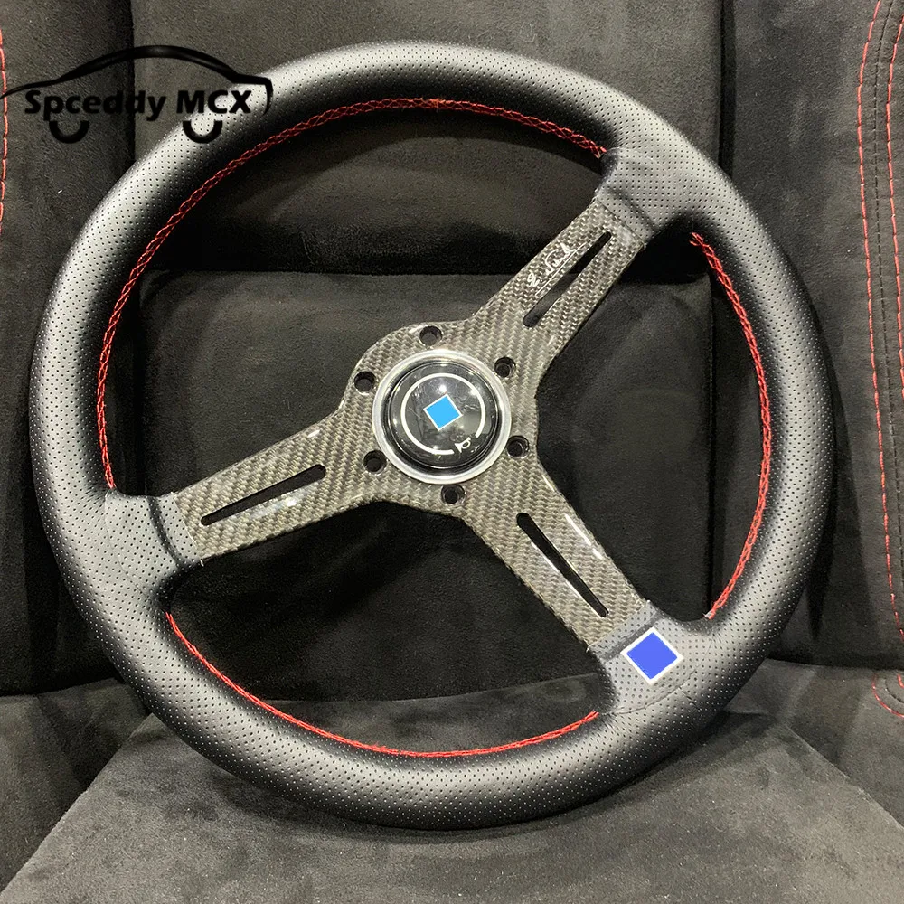 14 polegadas 350mm de fibra de carbono volante do carro de couro perfurado universal n-esportes volante apto para jogos de corrida deriva