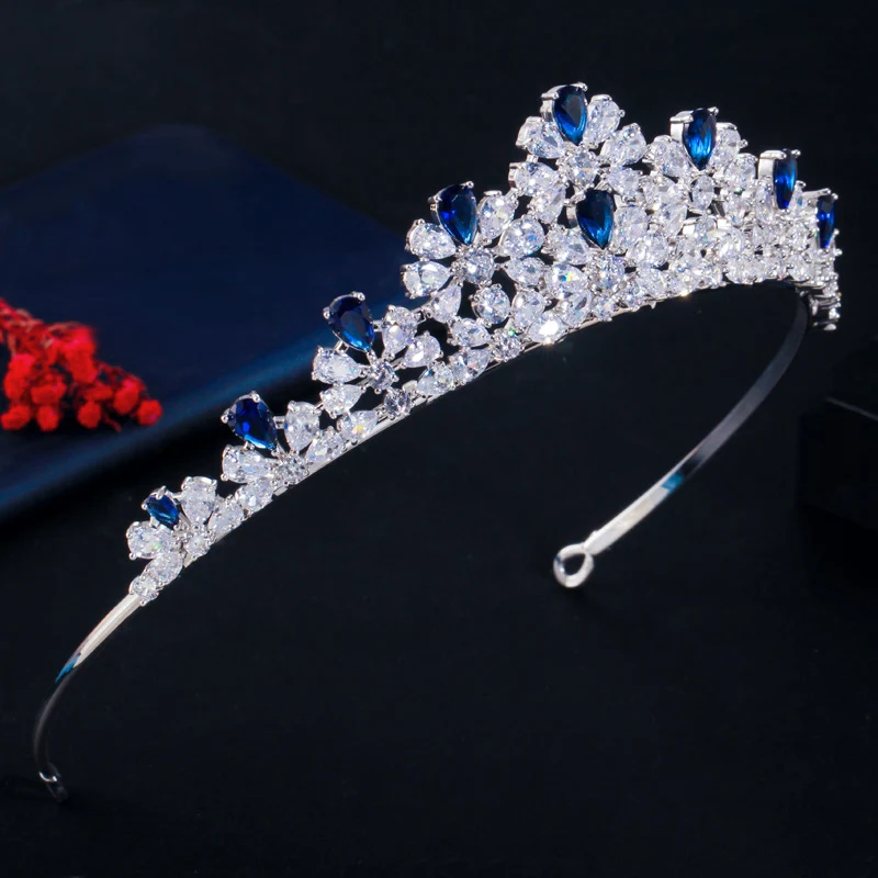 CWWZircons Royal Blue Cubic Zirconia Big Cluster Flower Queen Crown Tiara Bridal Wedding Headwear Hair Accessories Jewelry A027