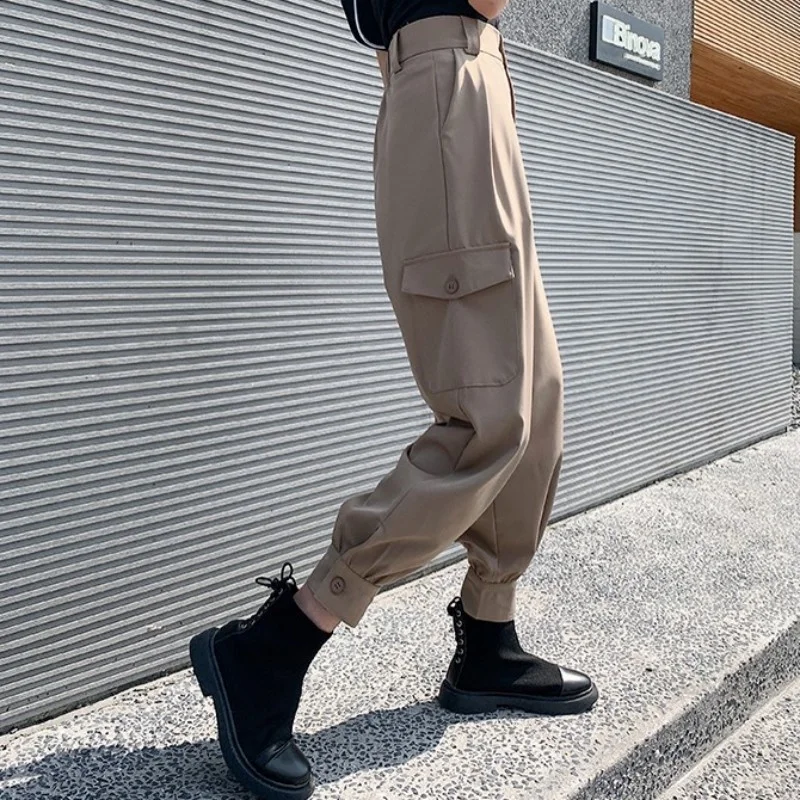 Summer Women Cargo-Ankle-Length Pants Street Loose Straight Thin Casual Sweatpants Multi-Pockets Black BF Hip-Hop Harem Pants