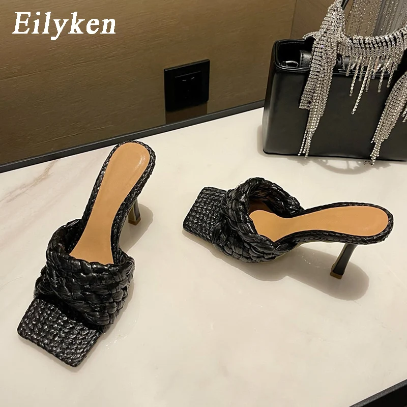 Eilyken 2024 New Summer Slipper Fashion Weave Slides Ladies Elegant Thin High Heel Outdoor Women Sandals Shoes Plus Size 40