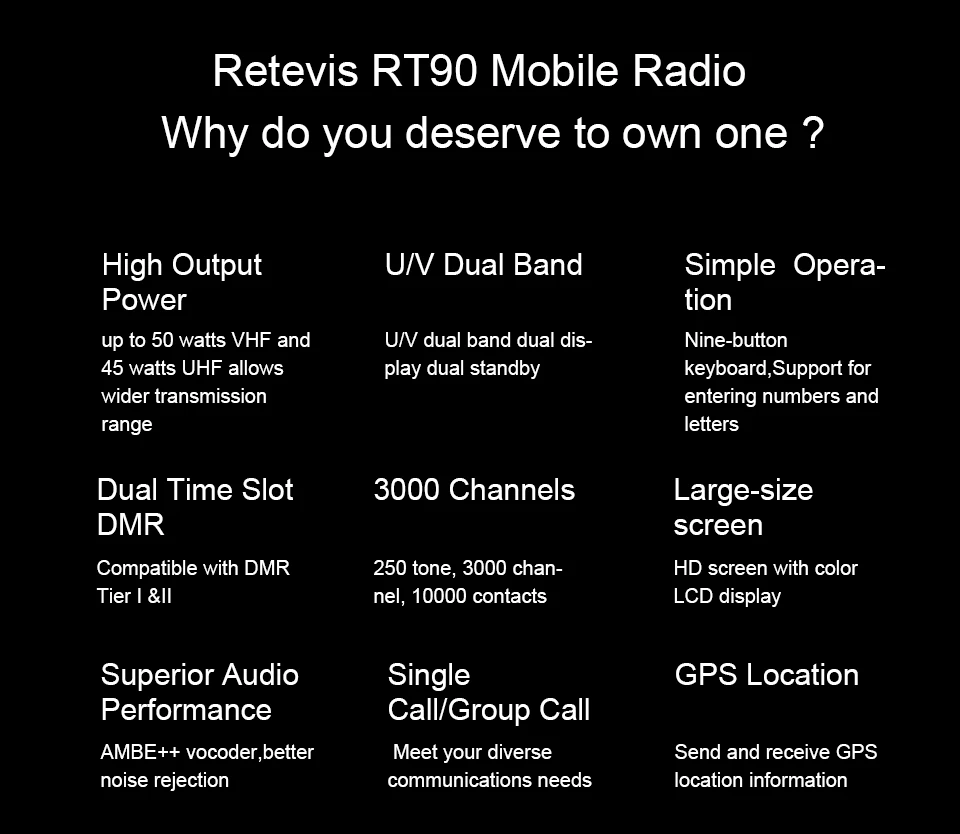 Retevis RT90 DMR Digital Mobile Radio Autoradiosender Walkie Talkie VHF UHF Dual Band High Output Power Transceiver für Trip – Detail 9