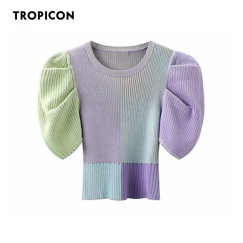 

TROPICON Color Block Puff Sleeve Cropped Sweater Women Summer Short Sleeve Ribbed Knit Top Colorful Sweater Y2k Korean Fashion