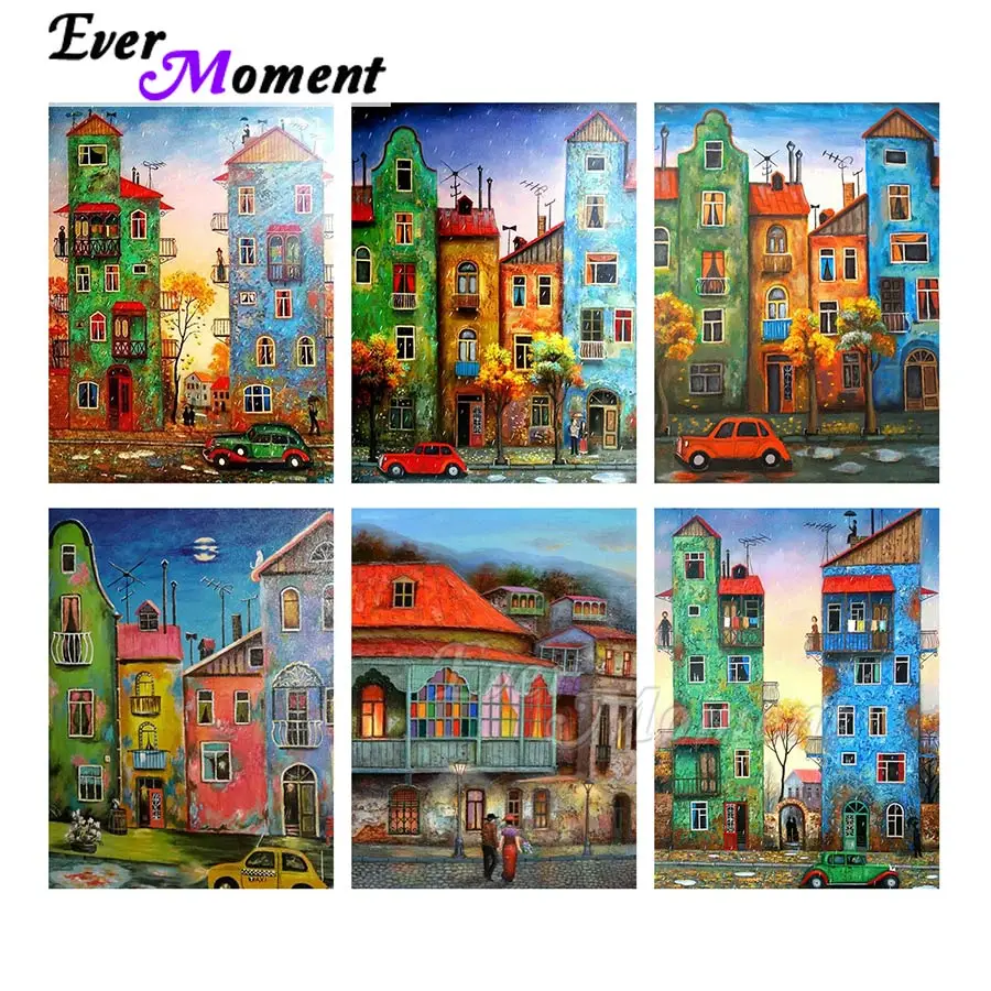 Ever Moment Diamond Painting Cartoon Town City And Red Car Diamond Mosaic Full Sqaure Resin Drills Home Wall Art Kits ASF2199