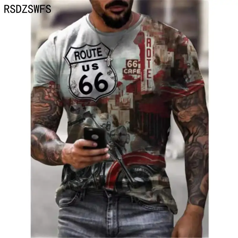 2021 Route 66 American Road T-shirt Summer New Short-sleeved Casual Top O-neck T-shirt Men\'s Oversized Shirt Retro Sweatshirt