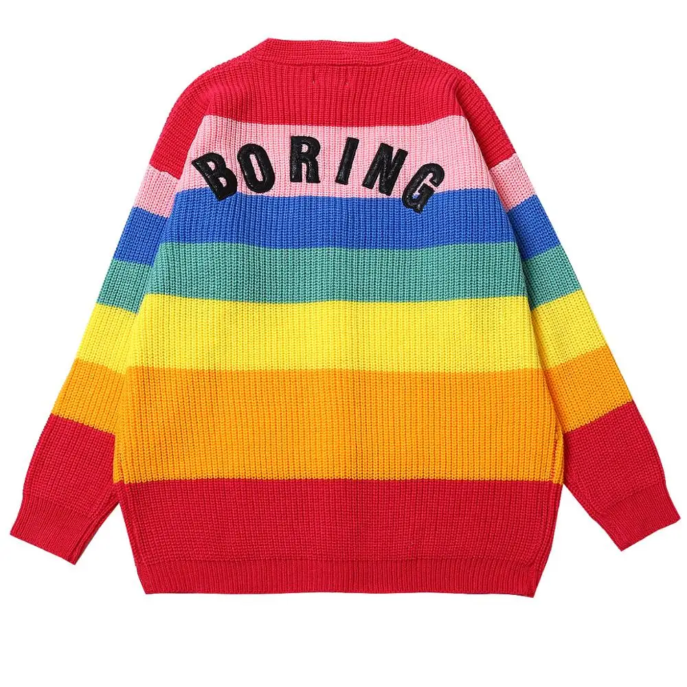 BORING Letters Rainbow Multicolor Striped Loose Kimono Cardigan Women Fall Winter Knitted Cardigan Sweet Long Sweater C111