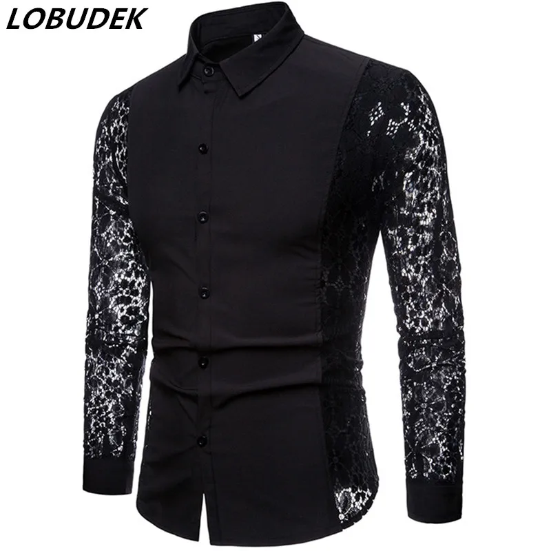 Men Tuxedo Shirts Black White Lace Sleeve Slim Fit Shirt Solid Transparent Casual Shirts Bar Club Party Tops Spring Autumn