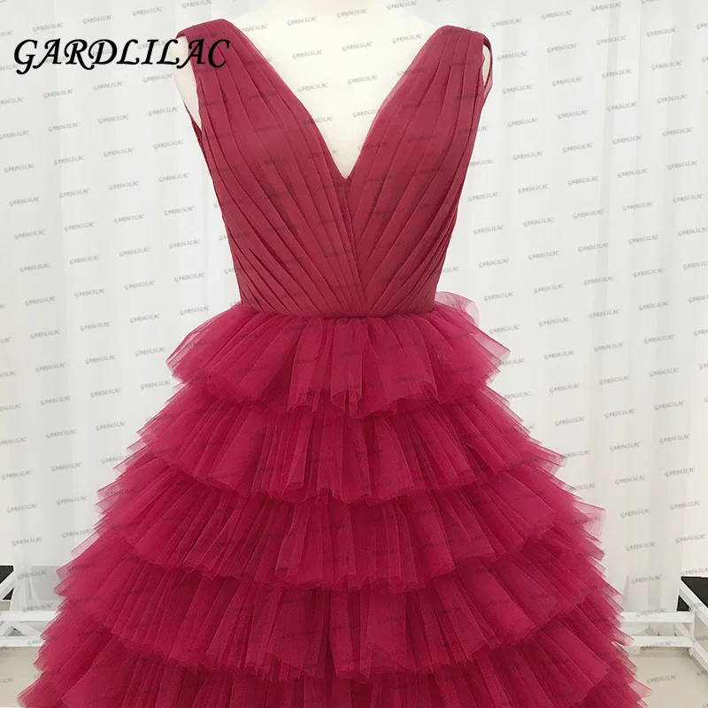 Gardlilac New Deep V-Neck Tulle Evening Dress 2021 Long Backless Tiered Tulle Prom Dress Formal Party Gown 2021 robe de soiree