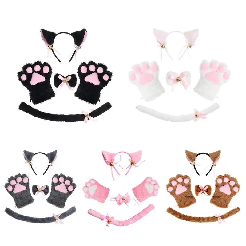 Conjunto de fantasia feminina gatinho e gato, fantasia de empregada, com sino para orelha, gargantilha gola com laço, luvas de cauda, anime lolita, adereços