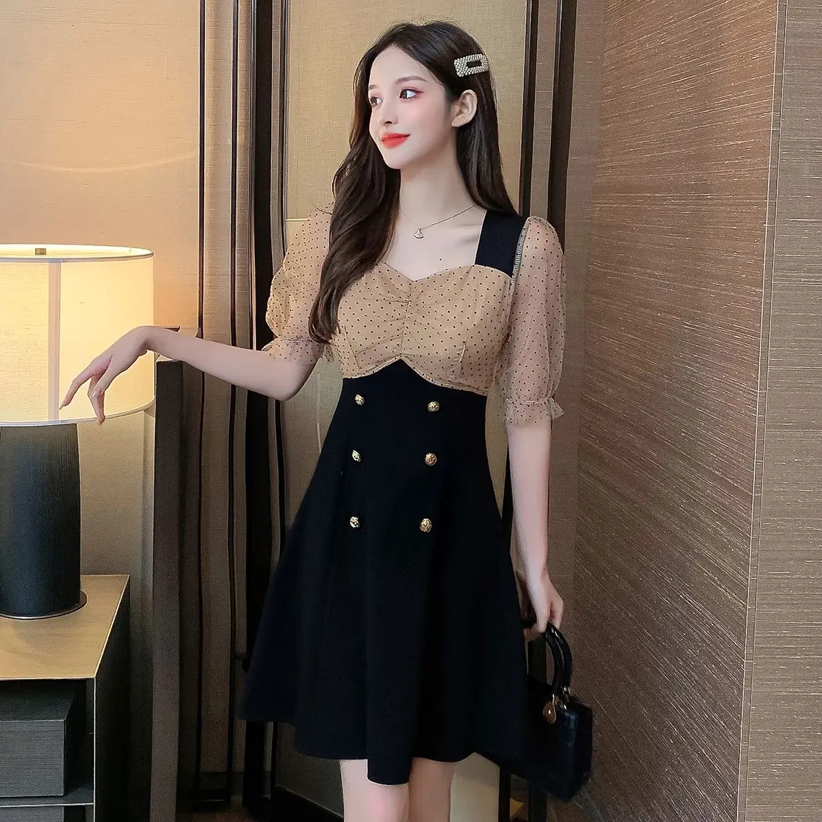 COIGARSAM Women one-piece dress korean New Summer Mesh Dresses Black 622