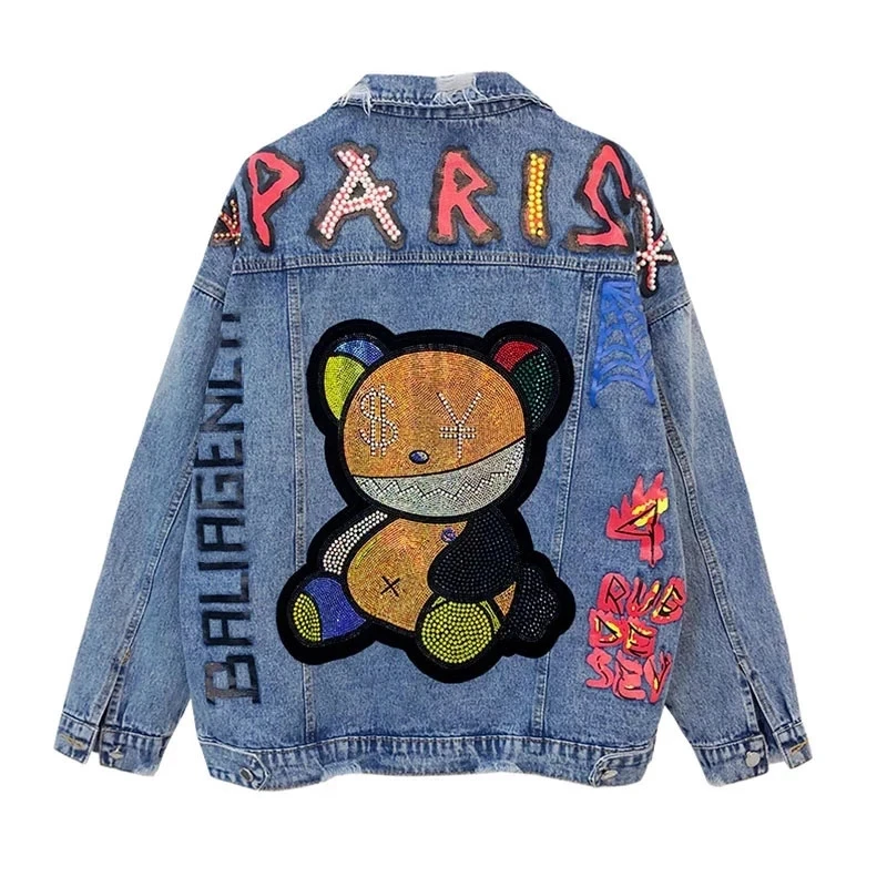 

Spring and Autumn Rhinestone Bear Holes Denim Jackets for Women Cartoon Diamonds Jean Coats and Jackets Ripped Winbreaker