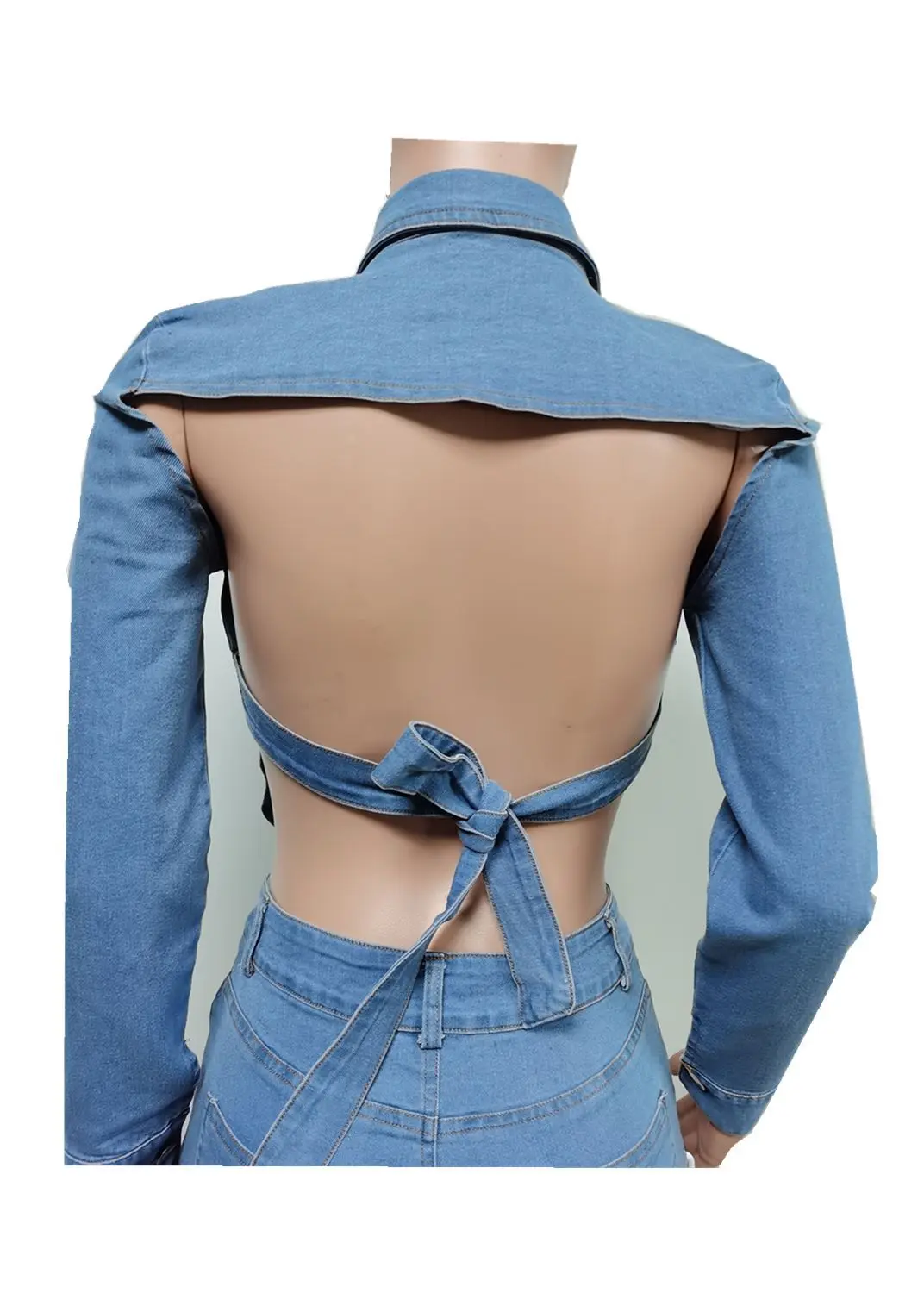 Kobiety Denim dwa 2 sztuka zestaw klasyczny Backless krótkie bluzki i koronki Up szorty pasujący zestaw stroje Streetwear Jean dres