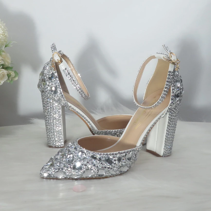 BaoYaFang scarpe da sposa da donna in cristallo argento scarpe da sposa con tacco alto spesso scarpe moda donna scarpe basse con fibbia alla caviglia