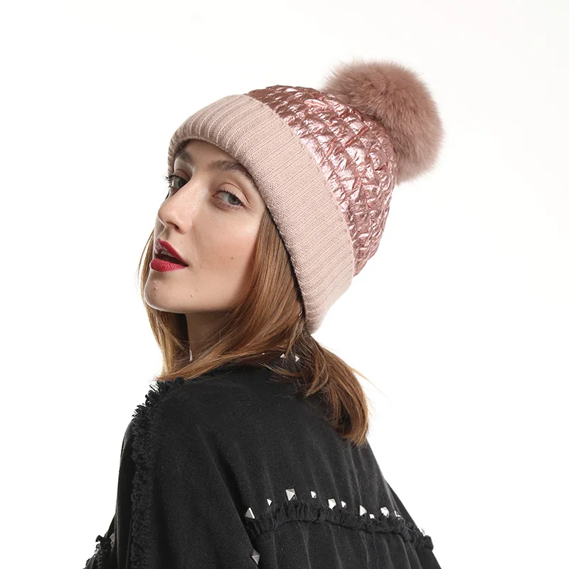 Fox Fur Pompom Beanie Mother Baby Winter Hats For Women Warm Knitted Beanies Cap Real Fur Pompon Hat Bonnet 2