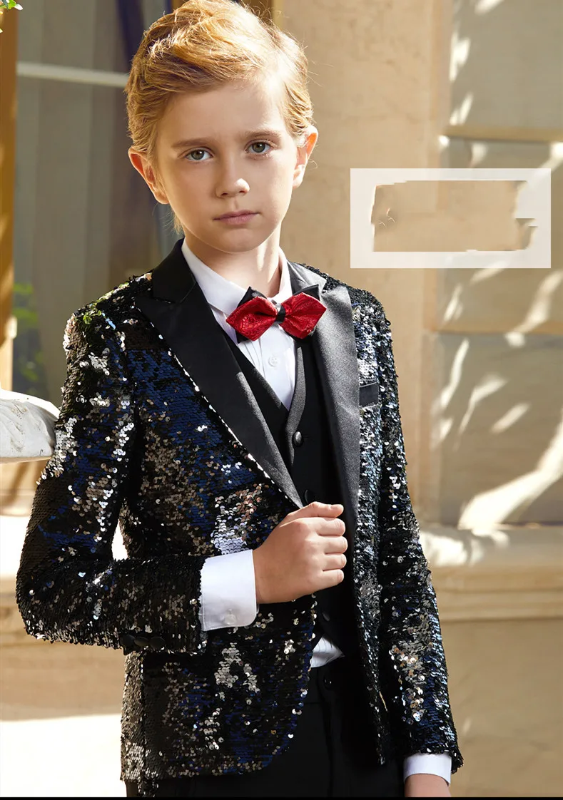 Roupa de casamento infantil com um botão, lantejoulas, guarda-roupa personalizada para meninos (jaqueta + calça + gravata) 06