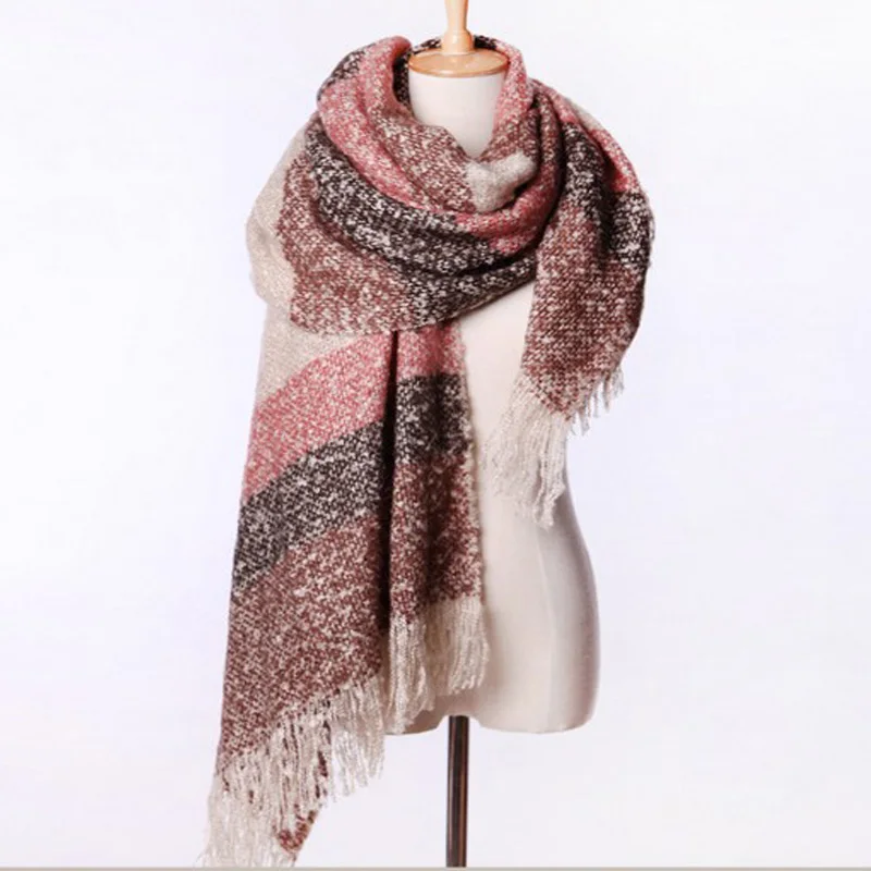 Women Fall Winter Mohair Cashmere Like Scarf Long Size Warm Fashion Scarves & Wraps For Lady Casual Patchwork Accessories