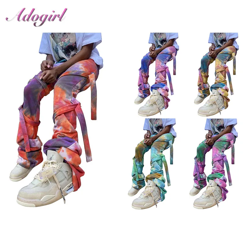 Avtivewear Sweatpants Casual Tie Dye Bandage Lace Up Bell Bottom Flare Stacked Pants Women Autumn Leggings High Waist Trousers