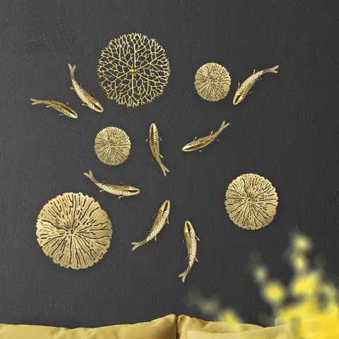 황동 금붕어 산호 연꽃 잎 벽걸이, 3D 금속 펜던트 방 장식, 구리 잉어 벽걸이, 럭셔리 침실 장식