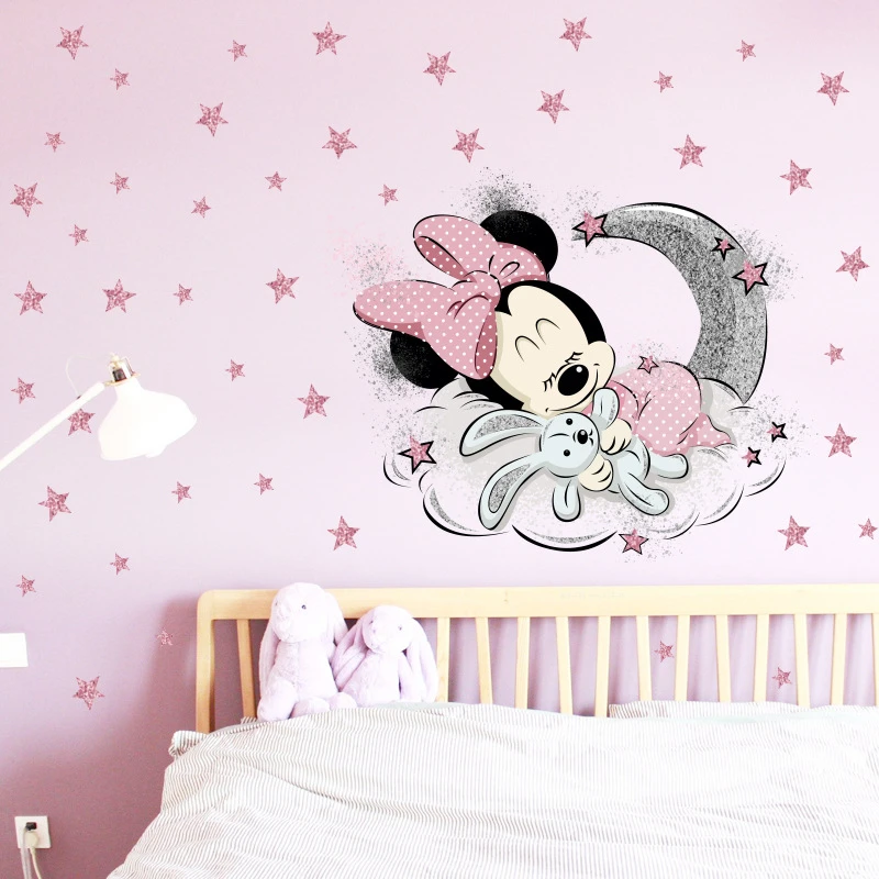 Mickey Minnie Mouse Wall Stickers For Kids Room Bedroom Princess Baby Vinyl Decals Home Decoration Wallpaper Sleep Moon Nursery