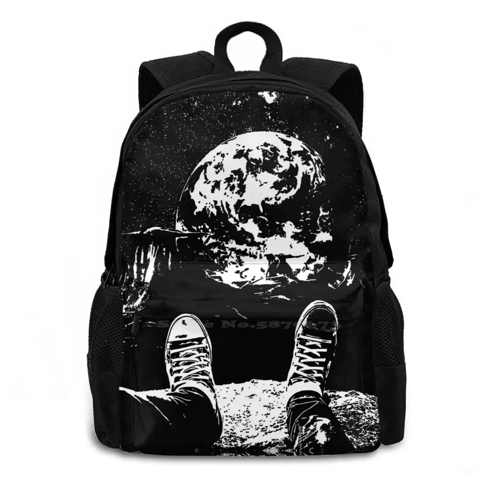 On Moon School Bags Travel Laptop Backpack Moon Black White