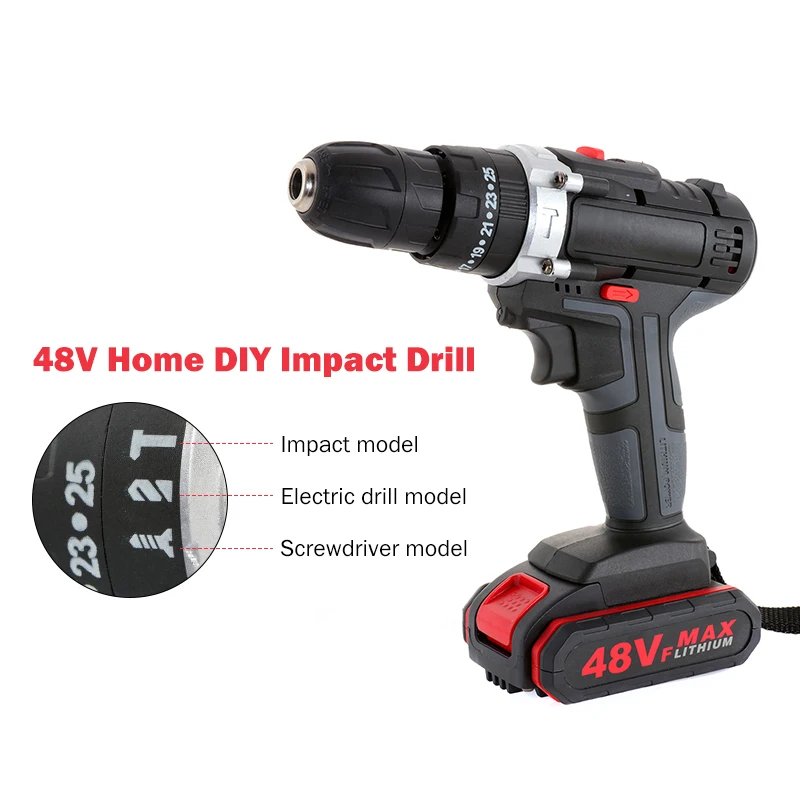 48VF Wireless Cordless Electric Drill Impact Drill Screwdriver Lithium Battery Cordless Drill Set with 11/20/32pcs Accessories