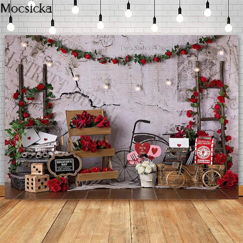 

Mocsick Valentines Newsboy Stand Photography Backdrops Bicycle Newspaper Rose Flower Decor Photo Props Studio Booth Background