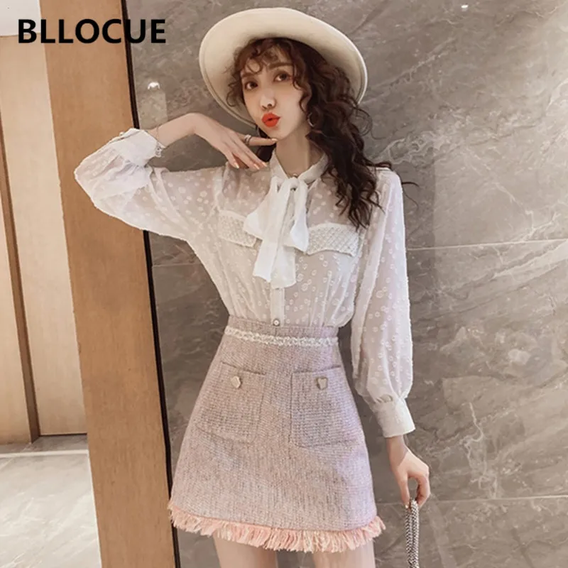 

BLLOCUE 2020 New Spring Women Office Sets Women's Bow Lace-up Chiffon Blouse Shirt + Tweed Tassel Mini Skirt 2 Piece Set