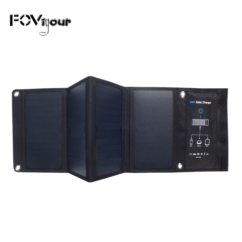 Fovigour Portable 28W Foldable Waterproof Fast Charging Solar Panel Charger Mobile Power Bank 3 USB Port Outdoor