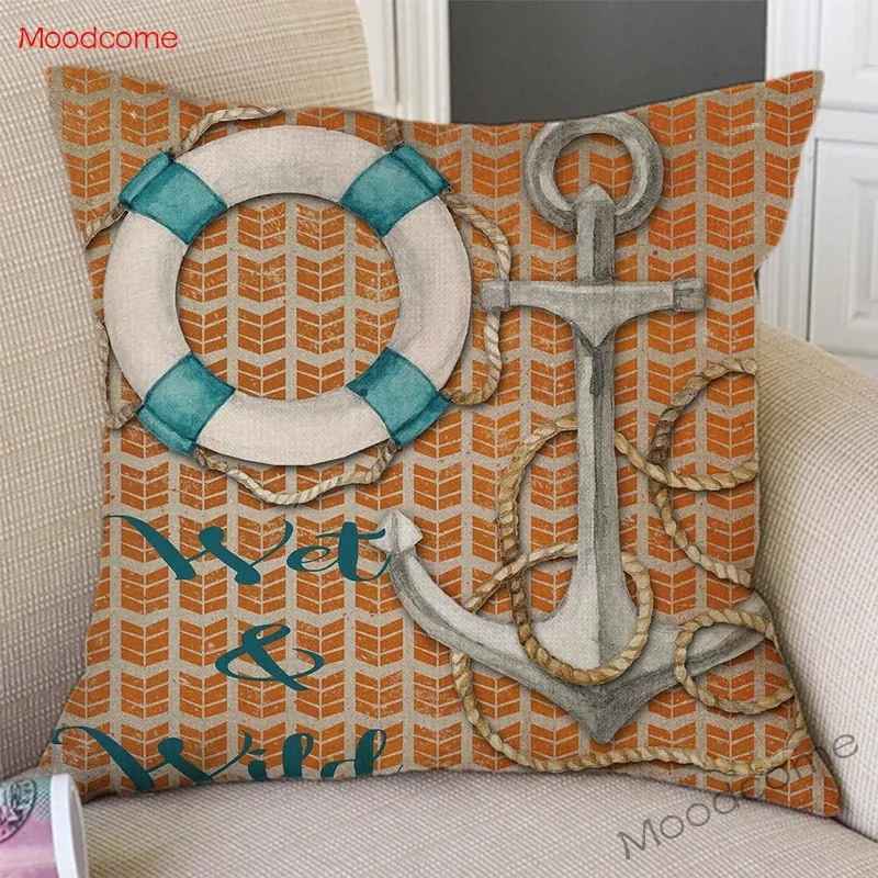 Retro European Style Beach Time Bikini Anchor Lighthouse Sunglasses Life Buoy Decorative Pillow Case Vintage Art Cushion Cover