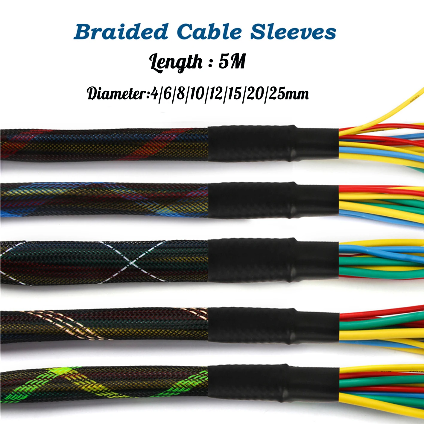 1/5M Insulated Braid Sleeving Tight PET Wire Cable Protection Expandable Cable Sleeve Wire Gland 2/4/6/8/10/12/15/20/25mm