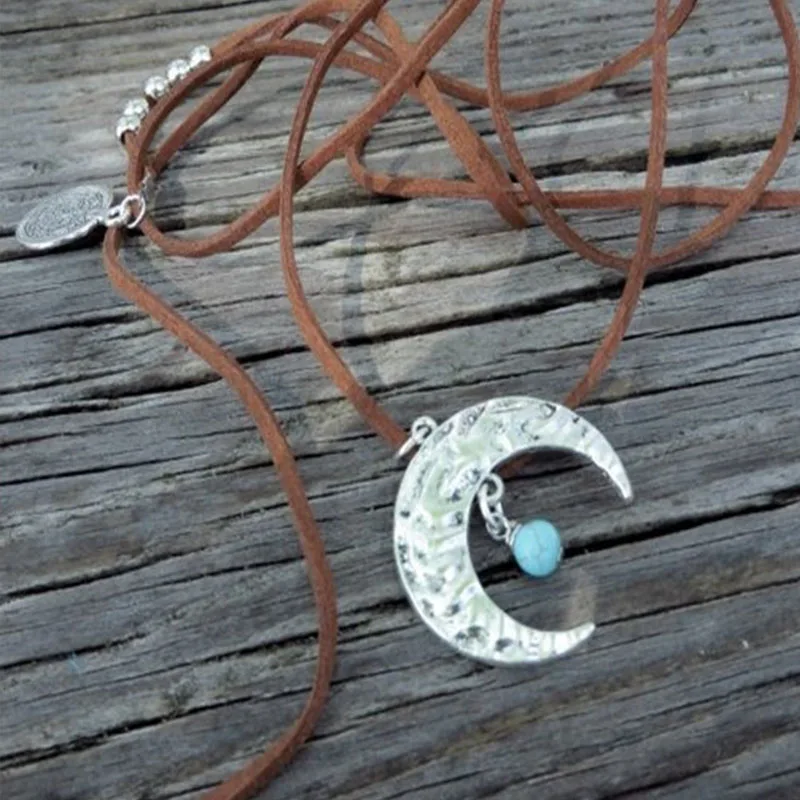 Boho Wrap Necklace Boho Choker Necklace Brown Turquoise Suede Necklace Crescent Moon Necklace