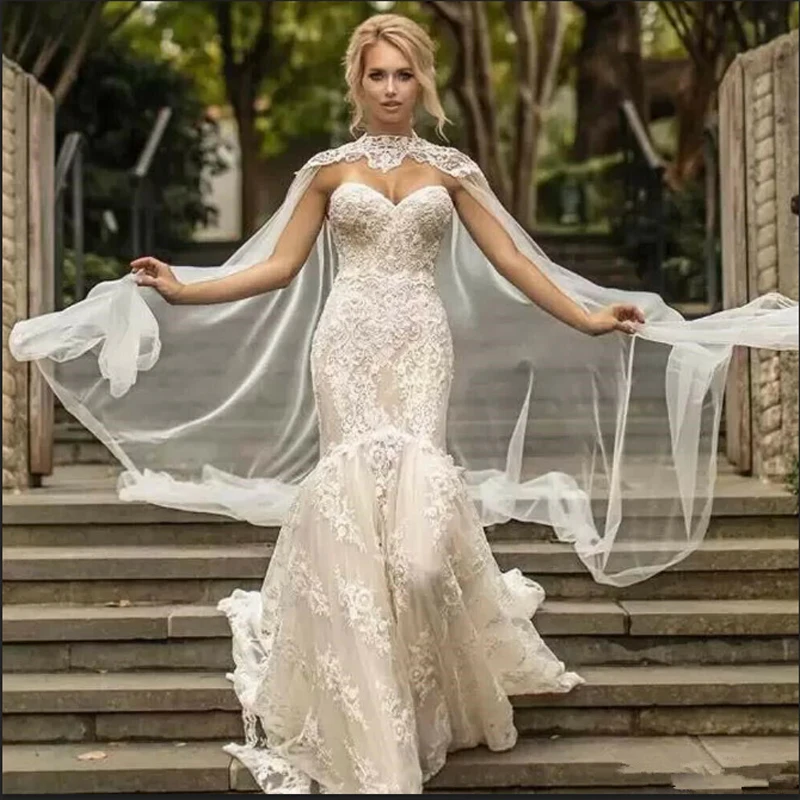 Abito da sposa arabo Vintage Beige a sirena con applicazioni di pizzo a portafoglio lungo scollo a cuore abiti da sposa Country su misura