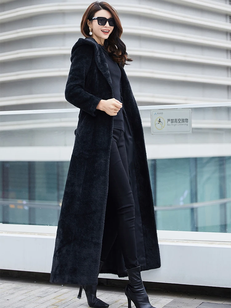 Lautaro Winter Extra Long Black Soft Warm Faux Fur Coat Women with Hood Long Sleeve Slim Fit Maxi Fluffy Korean Fashion 2023